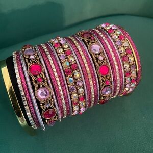 Source Unknown Pink and Lavender Multi-Row Crystal Bangle Set